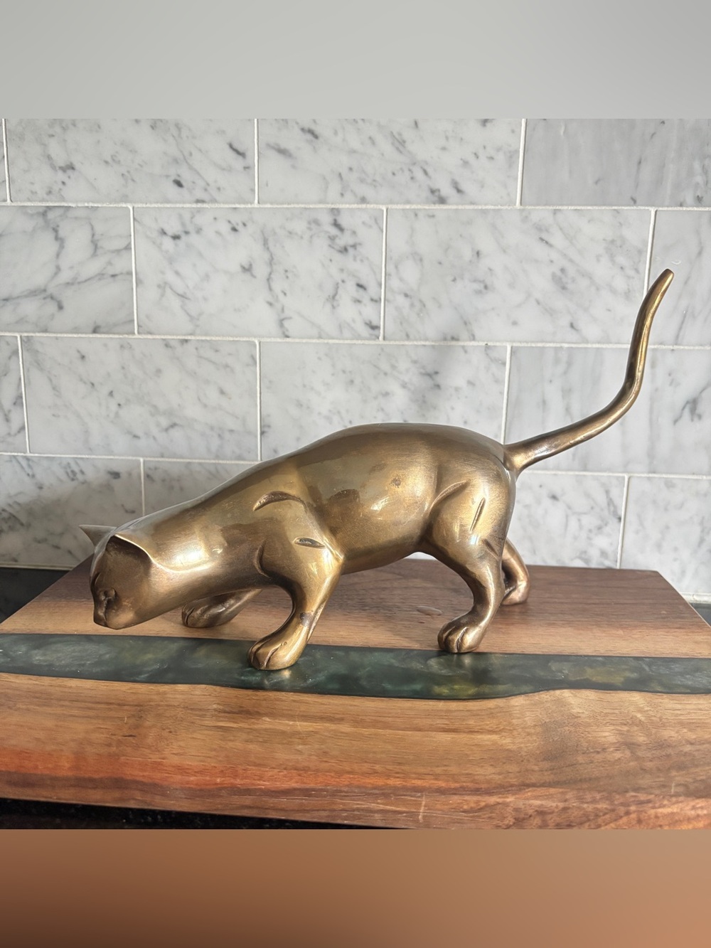 Vintage Mid Century 12” Brass Stalking Cat Figurine